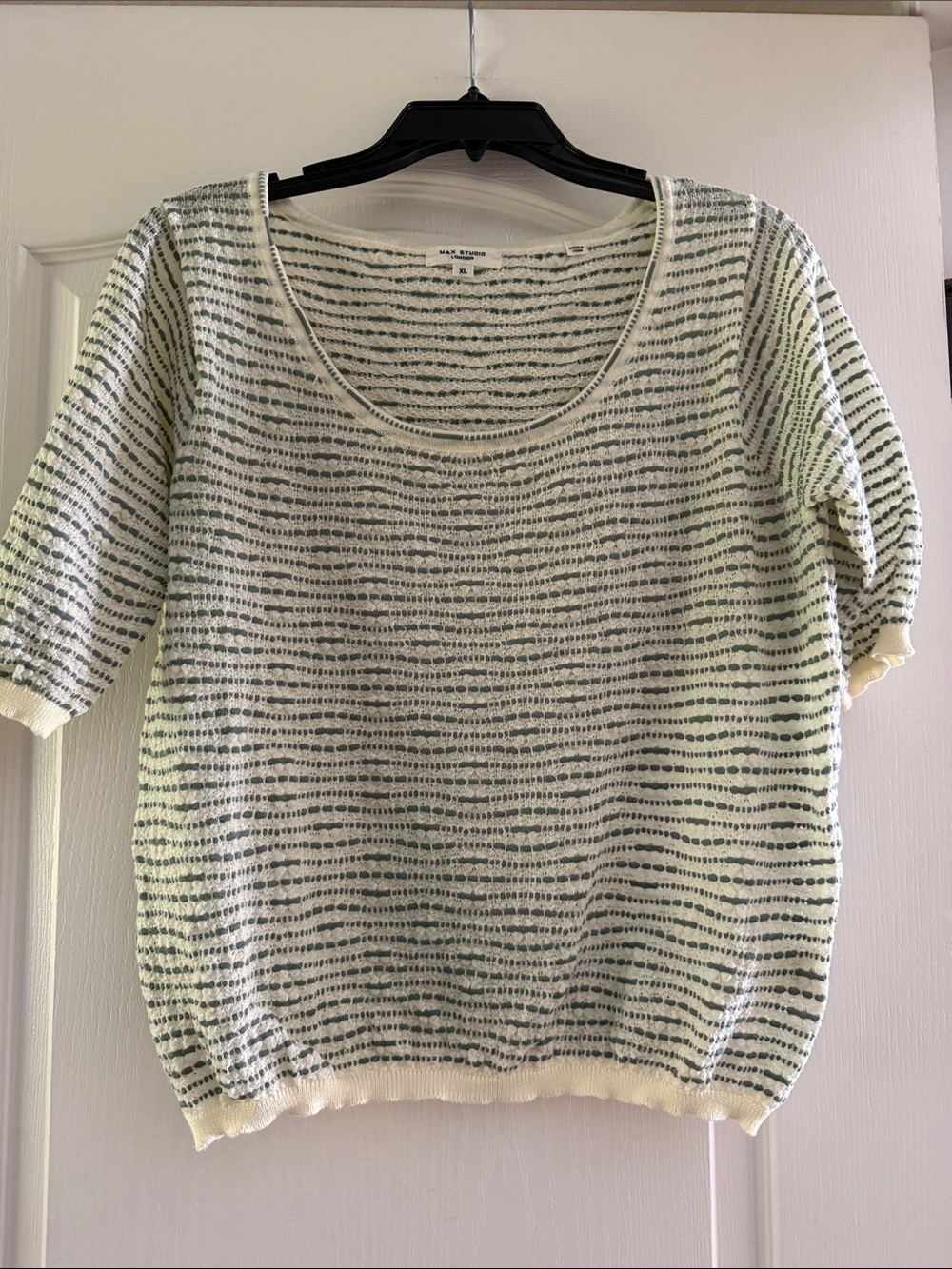Max Studio Cream Scoop-Neck Sweater with Faded Green Stripes